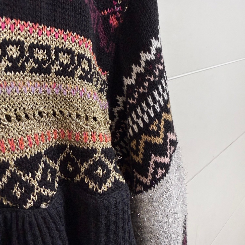 Free People Cozy Cottage Babydoll Fair Isle Metallic Zip Sweater Black XS - Picture 6 of 8